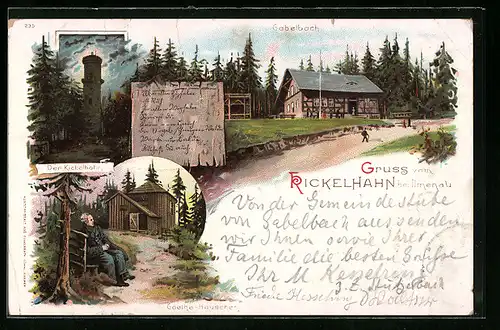 Lithographie Ilmenau, Gasthaus Kickelhahn, Goethe-Häuschen, Aussichtsturm