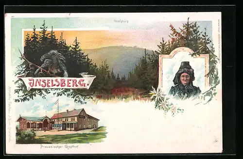 Lithographie Inselsberg, Ortsansicht mit Auerhahn, Preussischer Gasthof