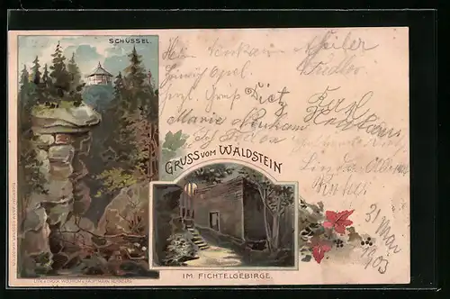 Lithographie Waldstein /Fichtelgebirge, Gebäude, Schüssel