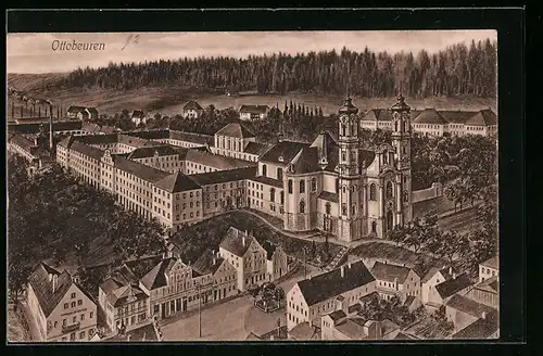 AK Ottobeuren, Teilansicht mit Kloster aus der Vogelschau