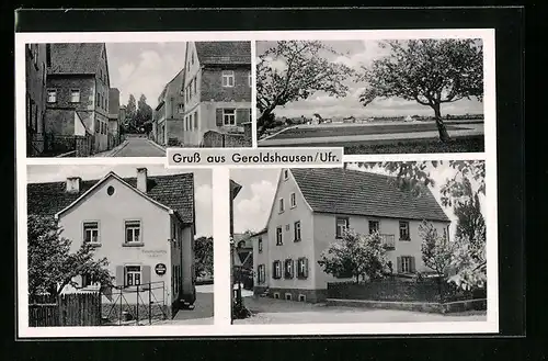 AK Geroldshausen /Ufr., Strassenpartie, Bäckerei, Panorama aus der Ferne