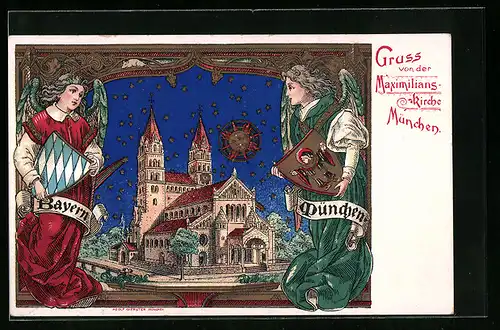 Künstler-AK München, Maximilianskirche und Engel mit Wappen