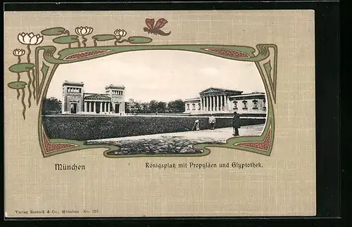 Passepartout-AK München, Königsplatz mit Propyläen und Glyptothek