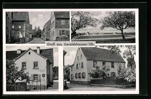 AK Geroldshausen /Ufr., Ortspanorama aus der Ferne, Strassenpartie