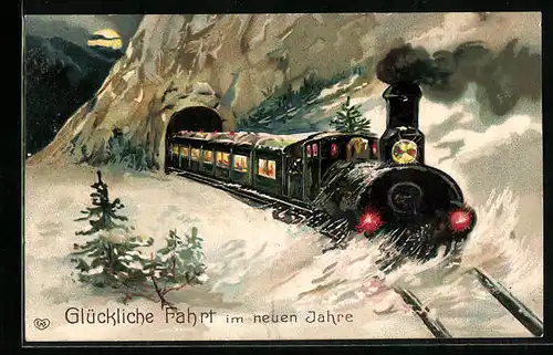 Präge-AK Viel Glück im neuen Jahre, Eisenbahn auf winterlicher Bergfahrt