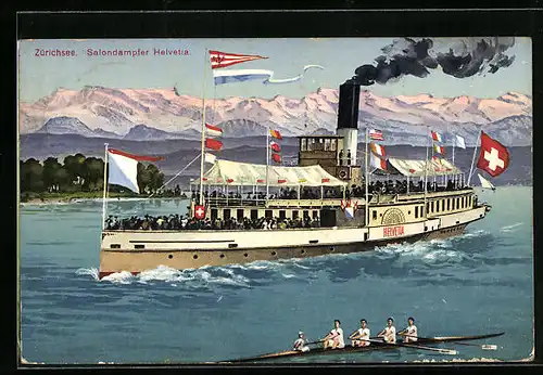 Künstler-AK Salondampfer Helvetia mit Flaggengala auf dem Zürichsee, Ruderboot