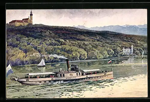 Künstler-AK Partie am Ammersee mit Kloster Andechs, Dampfer Andechs