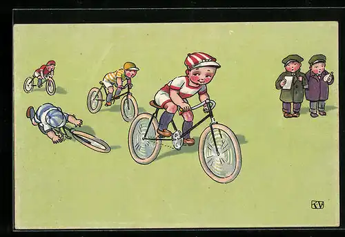 Künstler-AK Radrennen, einer der Radsportler ist gestürzt