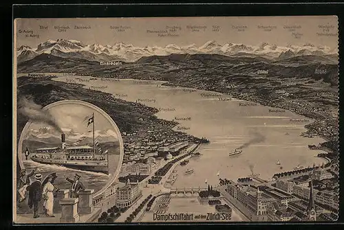 Künstler-AK Dampfschiffahrt auf dem Zürichsee, Dampfer Helvetia