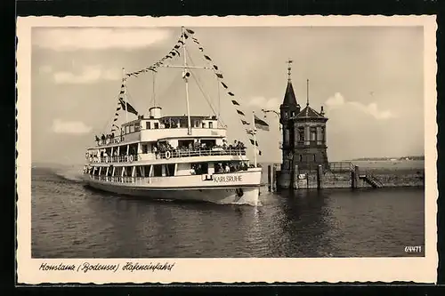 AK Konstanz, Hafeneinfahrt mit Bodenseedampfer Karlsruhe