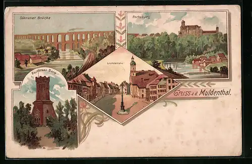 Lithographie Lunzenau /Muldenthal, Göhrener Brücke, Rochsburg