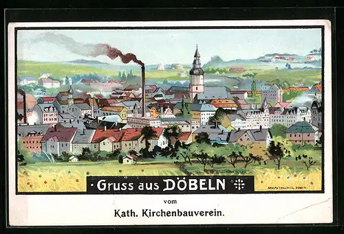 Künstler-AK Döbeln, Ortsansicht mit Kirche
