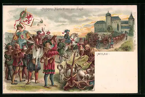 Lithographie Mylau, Rückkehr Karl`s IV. von der Jagd