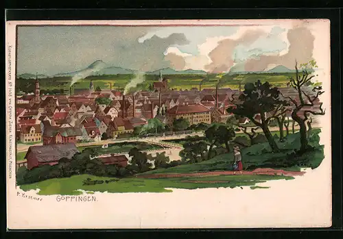 Lithographie Göppingen, Ortsansicht aus der Vogelschau