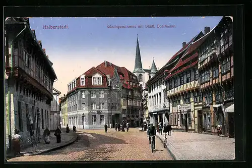 AK Halberstadt, Kühlingerstrasse mit Städt. Sparkasse