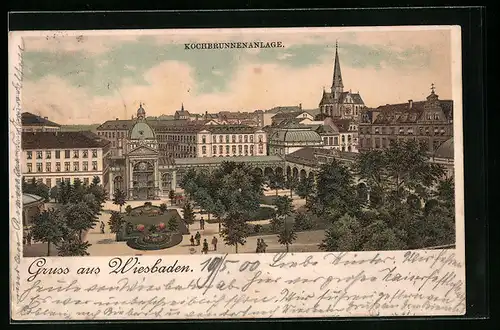 Lithographie Wiesbaden, Teilansicht mit Kochbrunnenanlage aus der Vogelschau