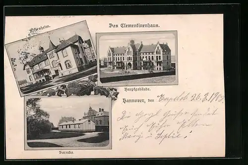 AK Hannover, Clementinenhaus - Baracke, Hauptgebäude, Altersheim