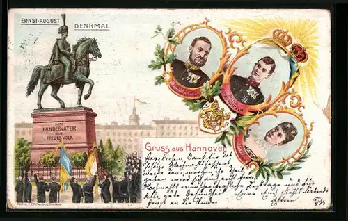 Lithographie Hannover, Honoratorengruppe mit Fahnen vor dem Ernst-August-Denkmal, Prinzen-Portraits
