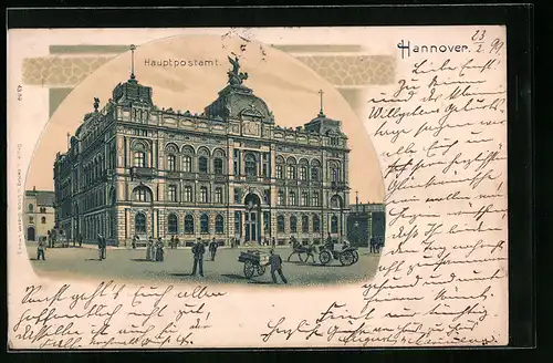 Lithographie Hannover, Hauptpostamt mit Passanten und Kutschen