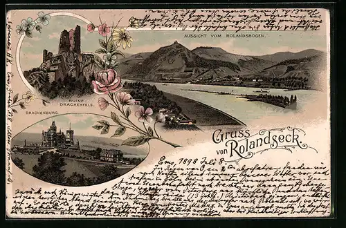 Lithographie Rolandseck, Aussicht vom Rolandsbogen, Drachenburg, Drachenfels
