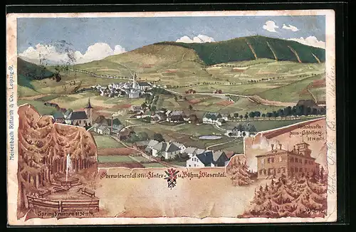 Künstler-AK Böhmisch-Wiesenthal, Oberwiesental, Ortsansicht mit Unter- u. Böhm. Wiesental, Unterkunfts-Haus Achtelberg