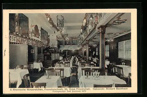 AK Berlin, Gasthaus II. Rheinische Winzerstuben, Französischestr. 20 Ecke Friedrichstr., Innenansicht