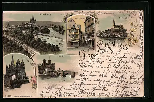 Lithographie Limburg, Ortsansicht, Dietkirchen, Korn-Markt