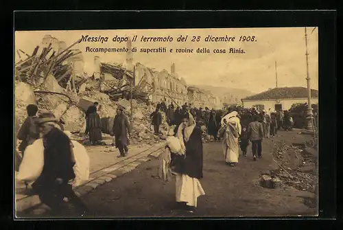 AK Messina dopo il terremoto del 28 dicembre 1908, Accampamento di superstiti e rovine della casa Alinis, Erdbeben