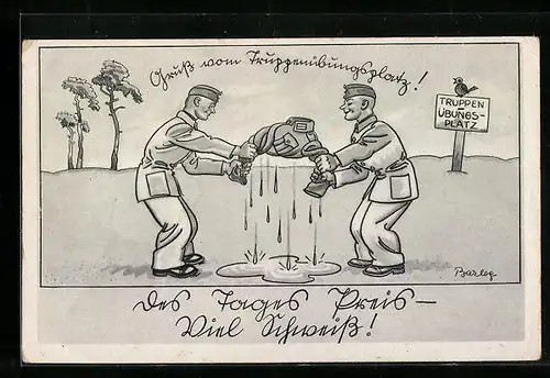 Künstler-AK Ferdinand Barlog: Gruss vom Truppenübungsplatz, Zwei Soldaten wringen eine Hose aus