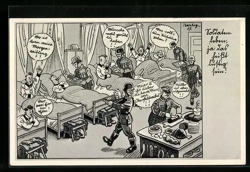 Künstler-AK Ferdinand Barlog: Lustiges Soldatenleben mit Frühstücksbuffet im Schlafsaal - Karikatur