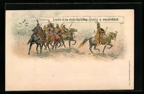 Lithographie Árpád et les chefs des tribus, Ganzsache Ungarn