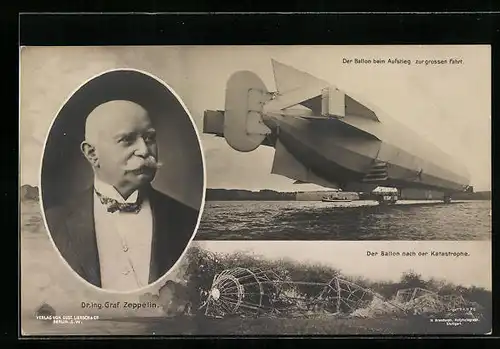 AK Portrait von Graf Zeppelin, Luftschiff nach der Katastrophe von Echterdingen