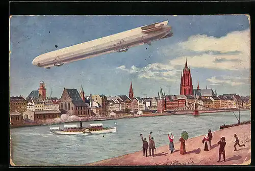AK Frankfurt a. M., Internationale Luftschiffahrts-Ausstellung, Zeppelin über dem Main