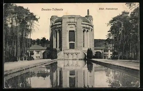 AK Dresden-Tolkewitz, Städt. Krematorium mit Teich
