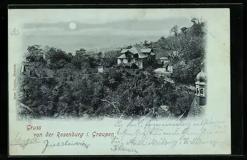 Mondschein-AK Graupen, Gasthaus Rosenburg aus der Vogelschau