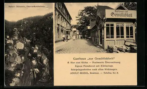 AK Herrnskretschen, Gasthaus zur Gemütlichkeit, Ortsansicht aus der Vogelschau