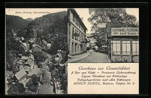 AK Herrnskretschen / Hrensko, Generalansicht der Ortschaft in der Böhmischen Schweiz, Gasthaus Zur Gemütlichkeit