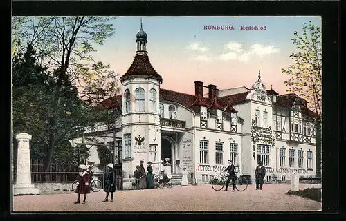 AK Rumburg, Restaurant Jagdschloss, davor ein Fahrradfahrer