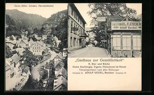 AK Herrnskretschen / Hrensko, Generalansicht der Ortschaft in der Böhmischen Schweiz, Gasthof zur Gemütlichkeit Seidel