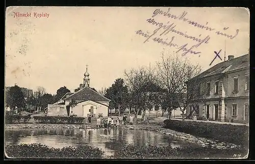 AK Nemecké Kopisty, Gasthaus am Dorfweiher und Kirche