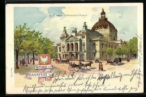 Lithographie Frankfurt a. M., Das neue Schauspielhaus, Wappen