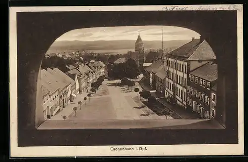 AK Eschenbach /Opf., Strassenpartie mit Kirche durch ein Fenster gesehen