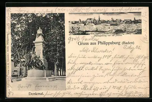 AK Philippsburg /Baden, Ortsansicht vor 100 Jahren, Denkmal