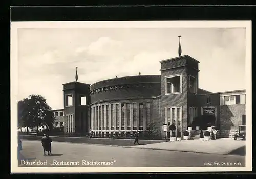 AK Düsseldorf, Restaurant Rheinterasse mit Strasse