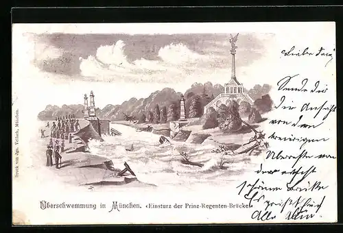 Künstler-AK München, Überschwemmung, Einsturz der Prinzregenten-Brücke