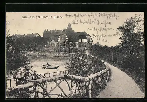 AK Wanne, Gasthaus Flora mit Bootspartie
