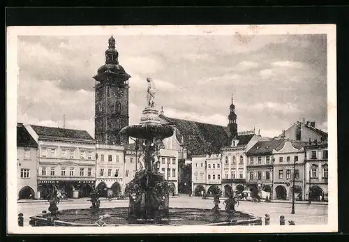 AK Ceské Budejovice, Brunnen und Kirche, Drogerie