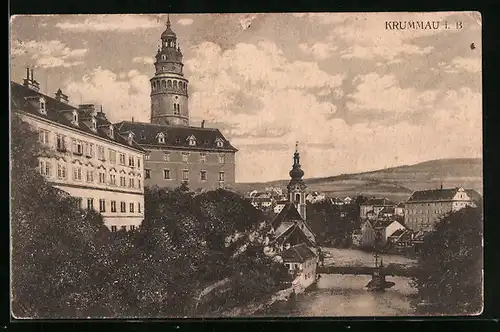 AK Krummau i. B., Ortspartie mit Brücke und Fluss