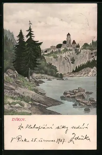 AK Zvikov, Blick auf Fluss mit Burg