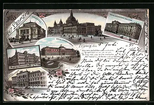 Vorläufer-Lithographie Leipzig, Concerthaus, Kunstacademie, Gewerbeschule 1895